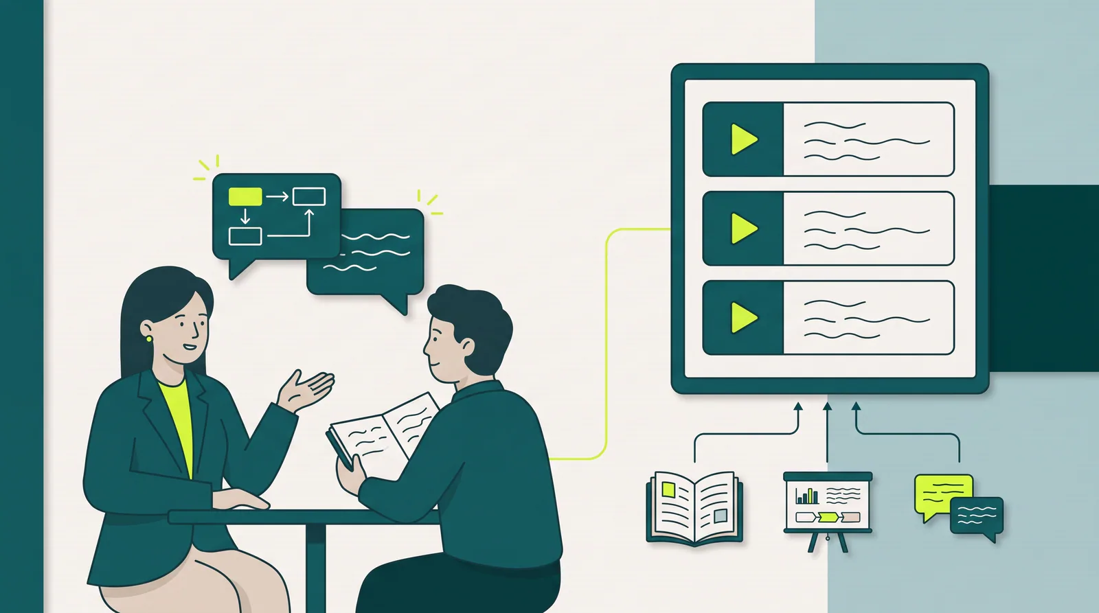 Illustratie van een gesprek tussen een specialist en een collega, waarin de kennis wordt vertaald naar korte video-modules.