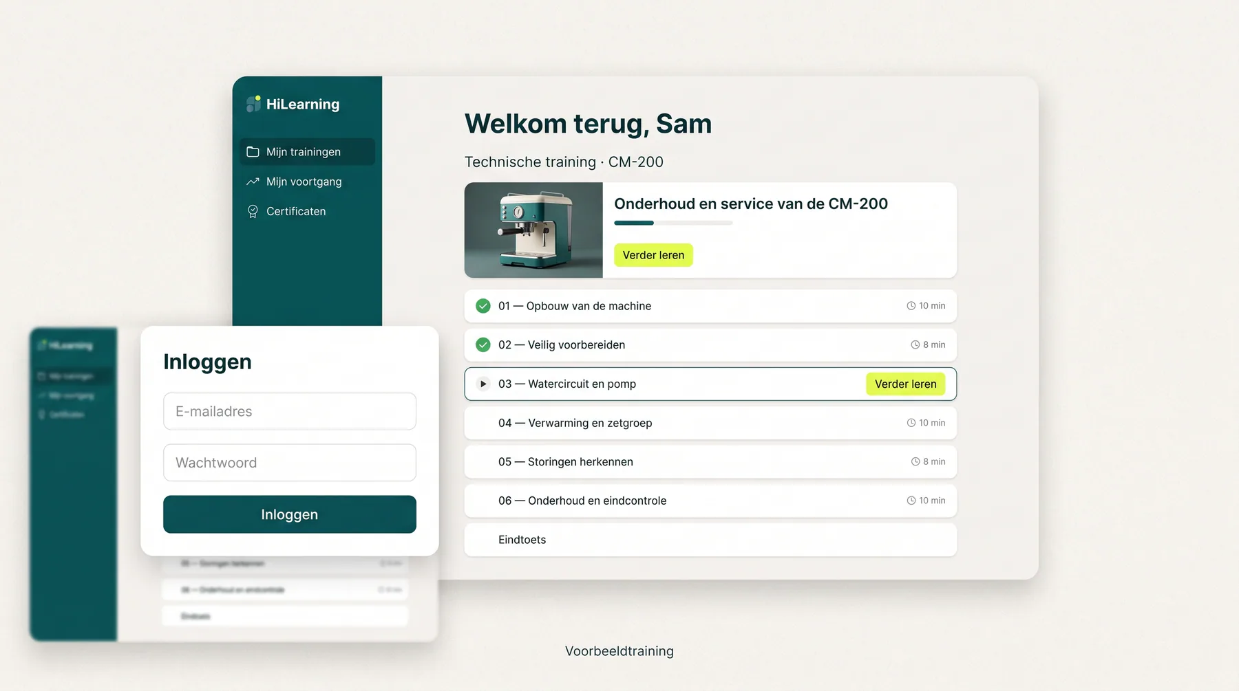 Illustratie van het leerportaal voor deelnemers: een inlogscherm en het overzicht van de modules van een training, met de voortgang per onderdeel. Voorbeeldtraining met fictieve gegevens.