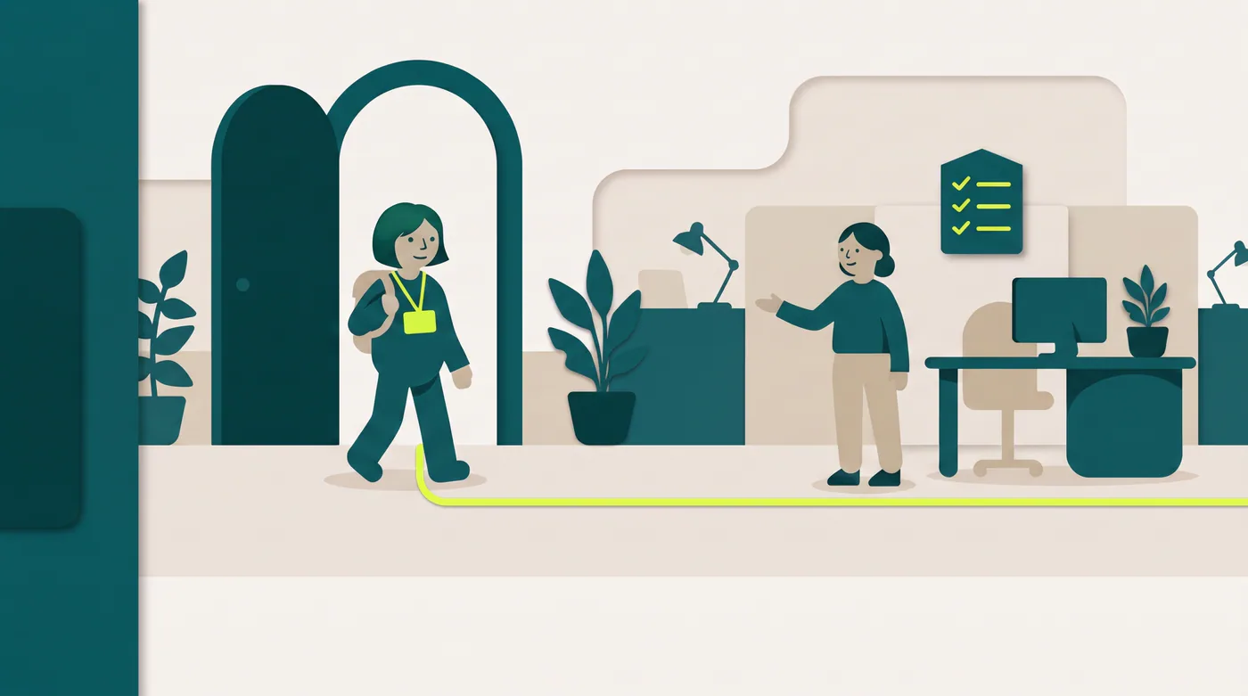 Illustratie van digitale onboarding: een nieuwe medewerker komt binnen en wordt op de werkplek verwelkomd door een collega.