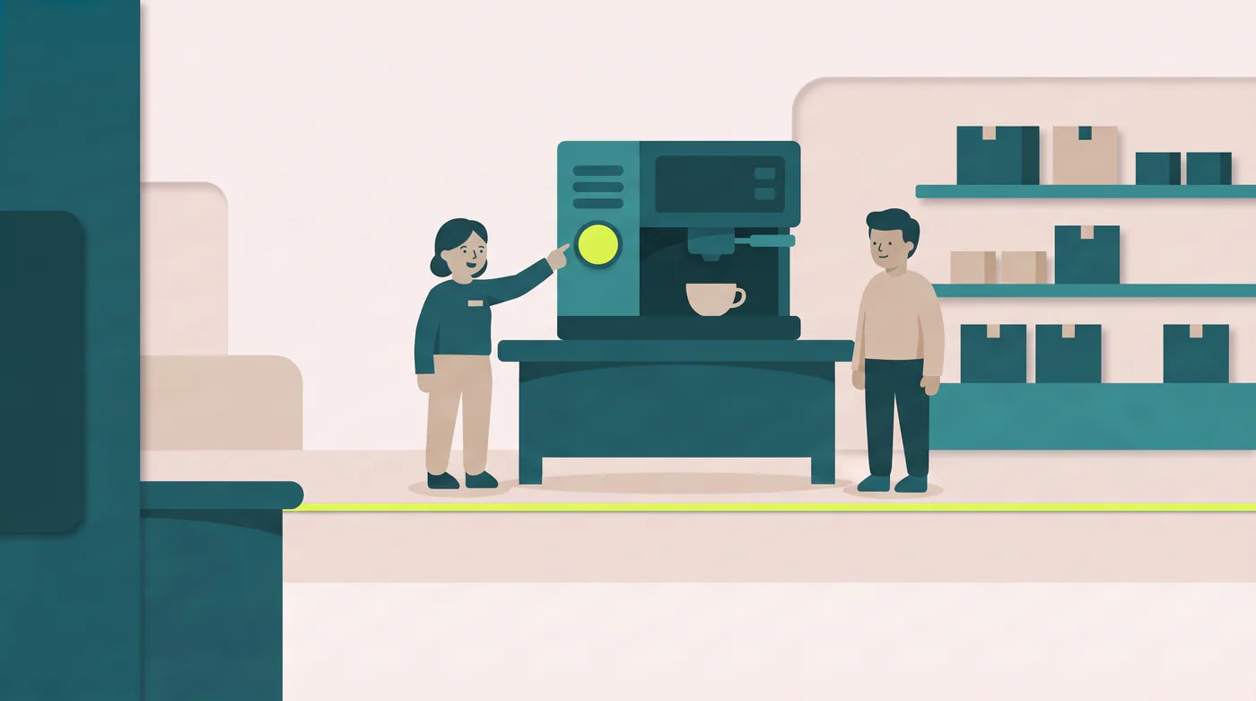 Illustratie van een medewerker die een koffieapparaat demonstreert aan een collega, als voorbeeld van product- en verkooptraining.