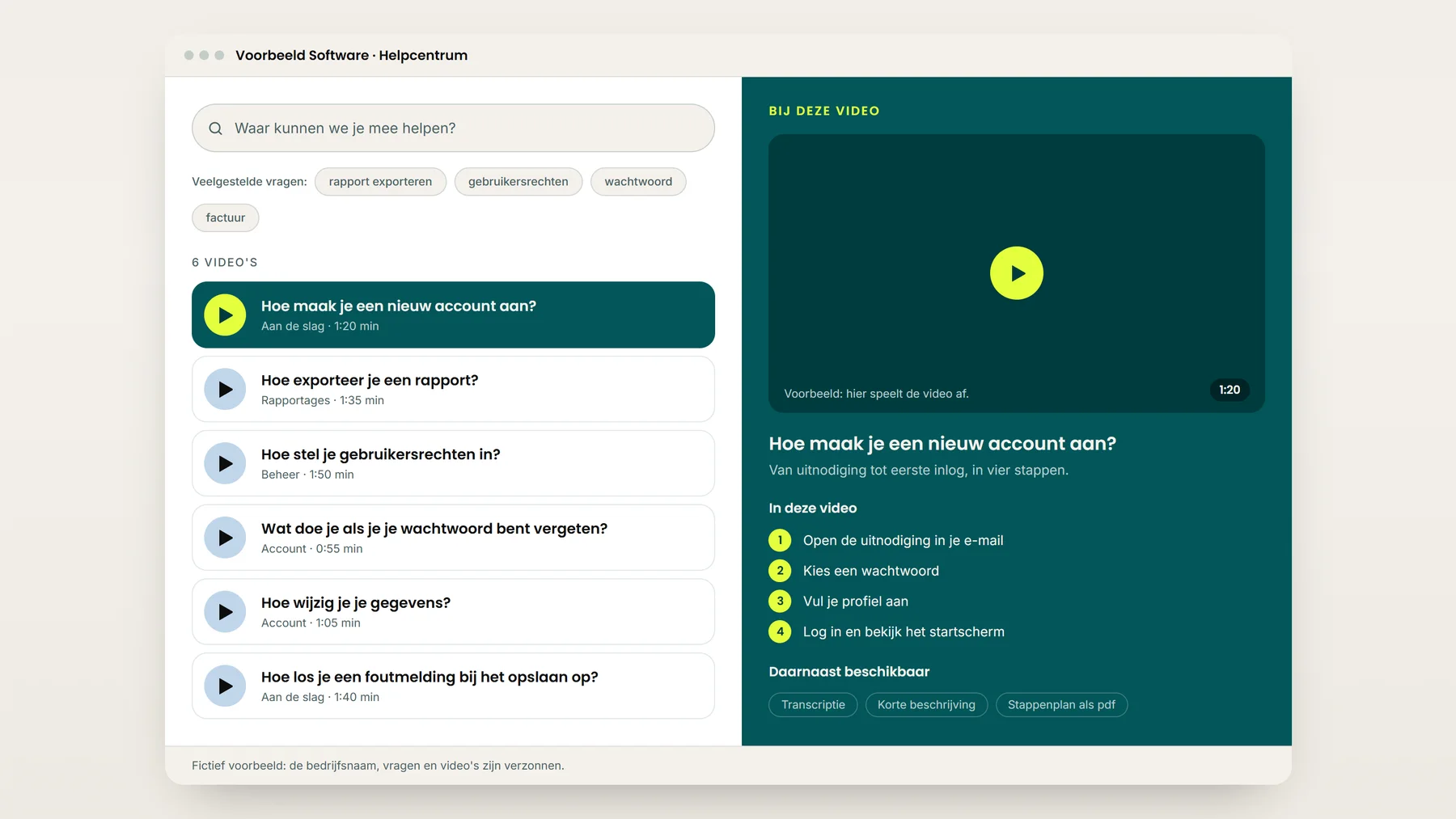 Voorbeeld van een video-kennisbank: een zoekveld met veelgestelde vragen, een lijst met korte instructievideo’s en daarnaast de gekozen video met stappen, transcriptie en beschrijving.